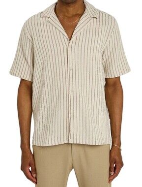 Les Deux Shirt Mens Small White Lesley Structured Stripe Short Sleeve Button Up